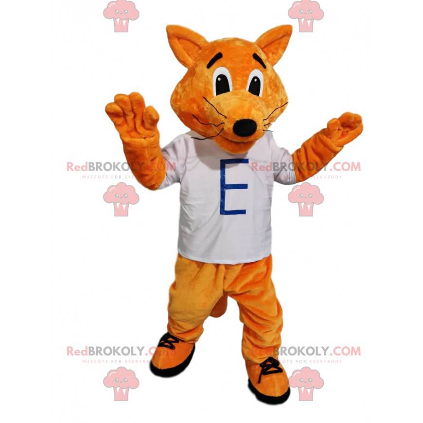 Playful red fox mascot with a white t-shirt - Sizes L (175-180CM)