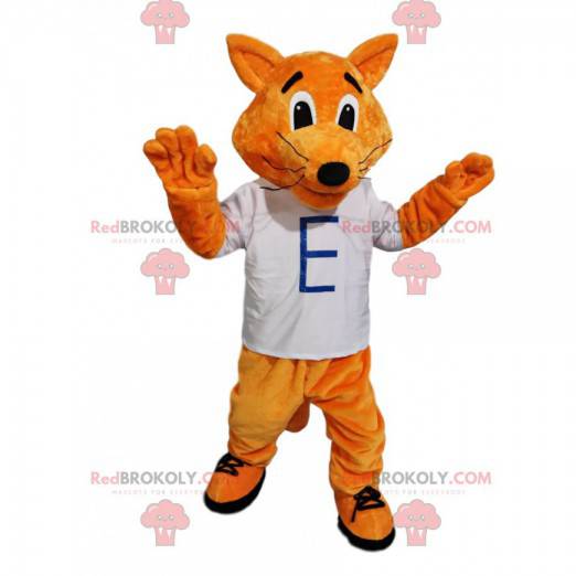 Mascote da raposa vermelha brincalhão com uma camiseta branca -