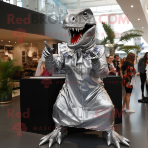 Silver Tyrannosaurus mascot costume character dressed with a Midi Dress and Cummerbunds