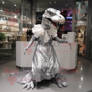 Silver Tyrannosaurus mascot costume character dressed with a Midi Dress and Cummerbunds