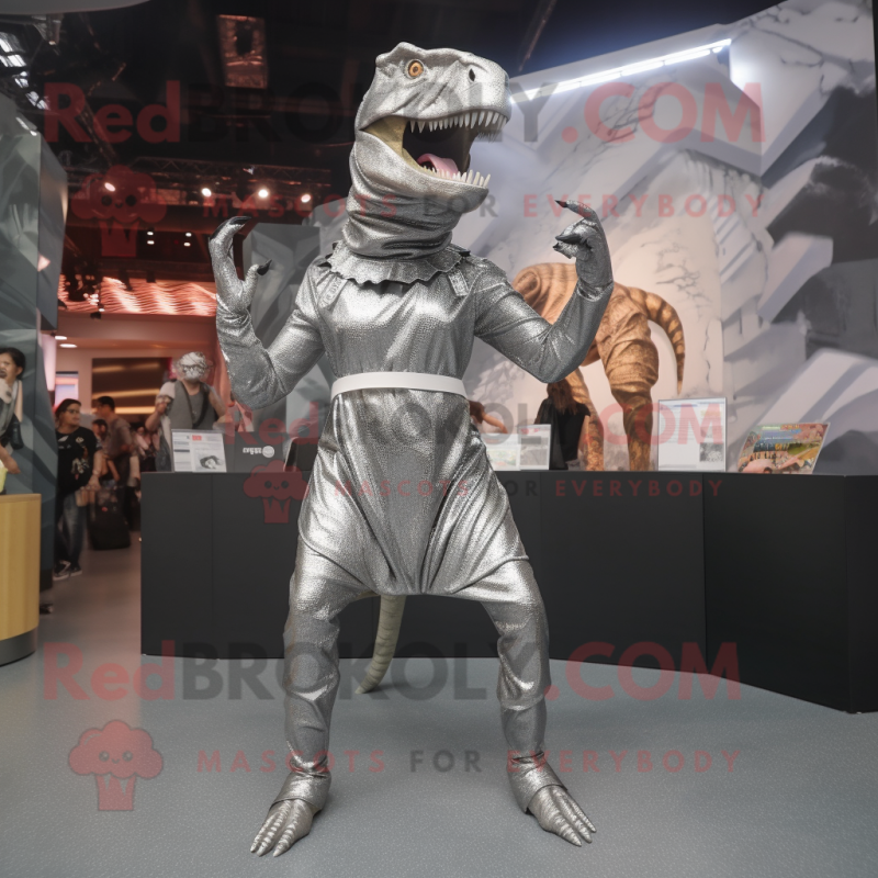 Silver Tyrannosaurus mascot costume character dressed with a Midi Dress and Cummerbunds