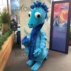 Blue Seahorse mascot costume character dressed with a Cover-up and Scarf clips