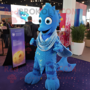 Blue Seahorse mascot costume character dressed with a Cover-up and Scarf clips