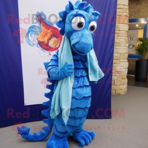 Blue Seahorse mascot costume character dressed with a Cover-up and Scarf clips