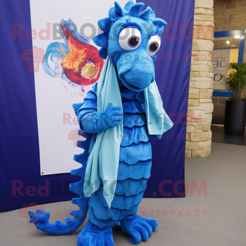 Blue Seahorse mascot costume character dressed with a Cover-up and Scarf clips Blue Seahorse mascot costume character dressed with a Cover-up and Scarf clips