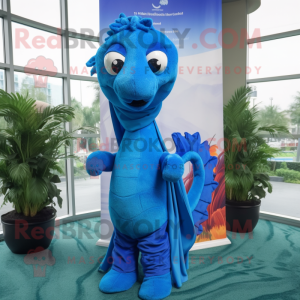 Blue Seahorse mascot costume character dressed with a Cover-up and Scarf clips