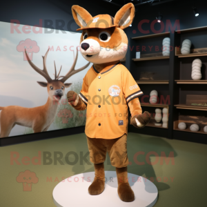 Rust Roe Deer mascot costume character dressed with a Baseball Tee and Caps