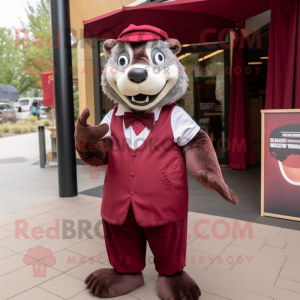 Maroon Badger mascot costume character dressed with a Shift Dress and Pocket squares