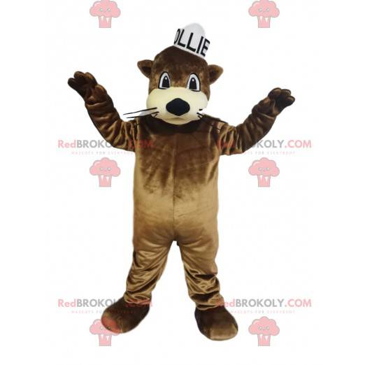 Brown otter mascot with a small white moussaillon hat -