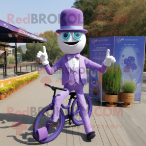 Lavender Unicyclist mascot costume character dressed with a Suit Jacket and Scarves