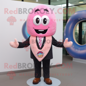 Pink Bagels mascot costume character dressed with a Suit Jacket and Scarf clips