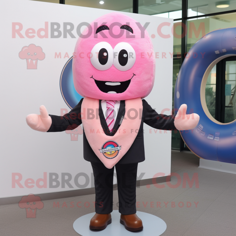 Pink Bagels mascot costume character dressed with a Suit Jacket and Scarf clips Pink Bagels mascot costume character dressed with a Suit Jacket and Scarf clips
