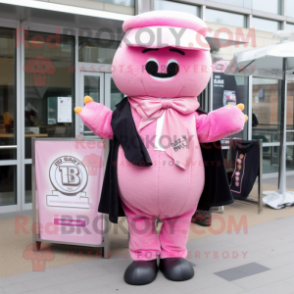 Pink Bagels mascot costume character dressed with a Suit Jacket and Scarf clips