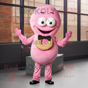 Pink Bagels mascot costume character dressed with a Suit Jacket and Scarf clips