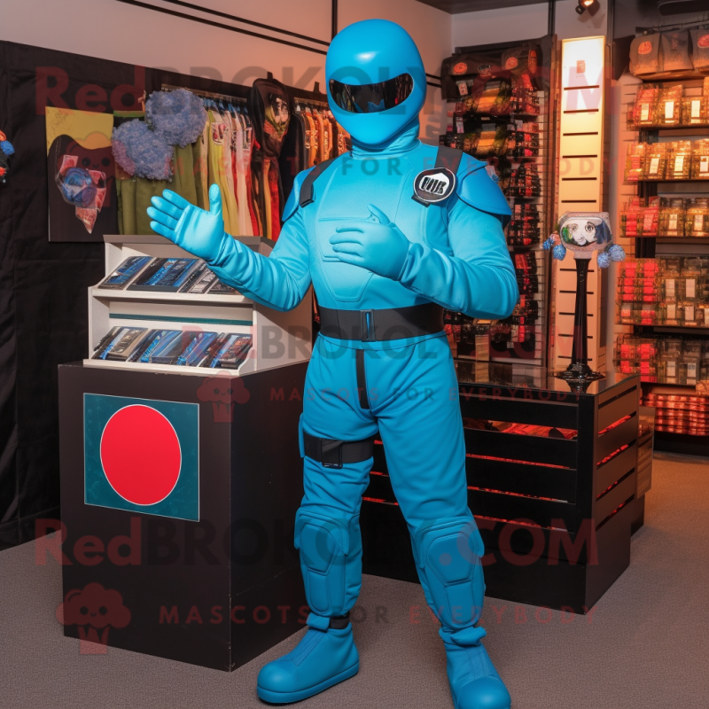 Cyan Gi Joe mascot costume character dressed with a Romper and Coin purses Cyan Gi Joe mascot costume character dressed with a Romper and Coin purses
