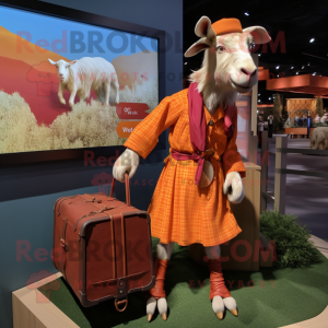 Orange Boer Goat mascot costume character dressed with a Dress Pants and Handbags
