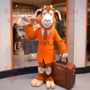 Orange Boer Goat mascot costume character dressed with a Dress Pants and Handbags
