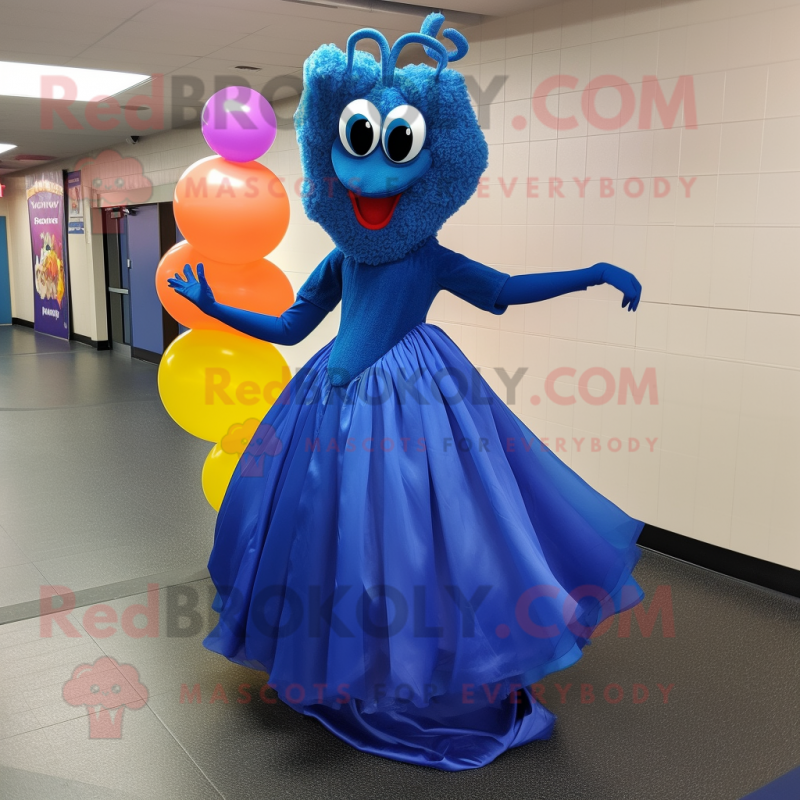 Blue Shrimp Scampi mascot costume character dressed with a Ball Gown and Earrings