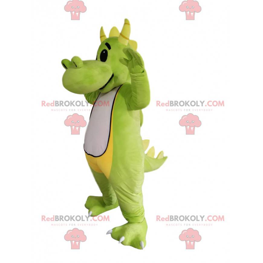 Mascotte de dragon vert et blanc avec des cornes jaunes -