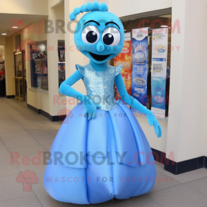 Blue Shrimp Scampi mascot costume character dressed with a Ball Gown and Earrings