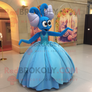 Blue Shrimp Scampi mascot costume character dressed with a Ball Gown and Earrings