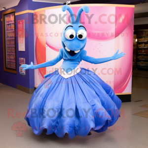 Blue Shrimp Scampi mascot costume character dressed with a Ball Gown and Earrings