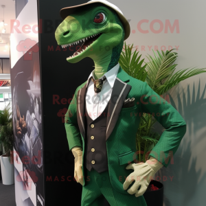 Forest Green Velociraptor mascot costume character dressed with a Waistcoat and Lapel pins