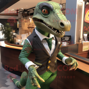 Forest Green Velociraptor mascot costume character dressed with a Waistcoat and Lapel pins