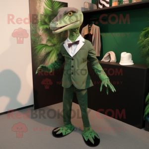 Forest Green Velociraptor mascot costume character dressed with a Waistcoat and Lapel pins