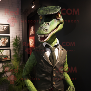 Forest Green Velociraptor mascot costume character dressed with a Waistcoat and Lapel pins