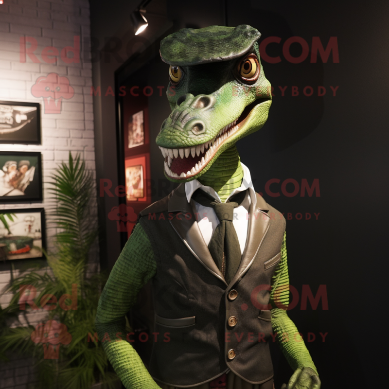 Forest Green Velociraptor mascot costume character dressed with a Waistcoat and Lapel pins Forest Green Velociraptor mascot costume character dressed with a Waistcoat and Lapel pins