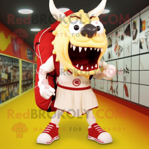 Cream Devil mascot costume character dressed with a One-Piece Swimsuit and Backpacks