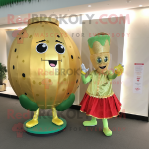 Gold Watermelon mascot costume character dressed with a Skirt and Bracelet watches