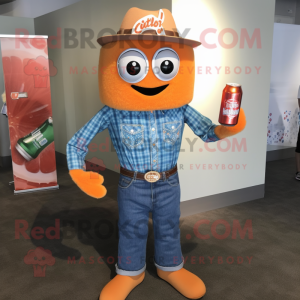 Orange Soda Can mascot costume character dressed with a Chambray Shirt and Necklaces