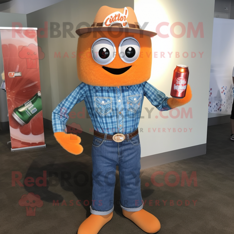 Orange Soda Can mascot costume character dressed with a Chambray Shirt and Necklaces