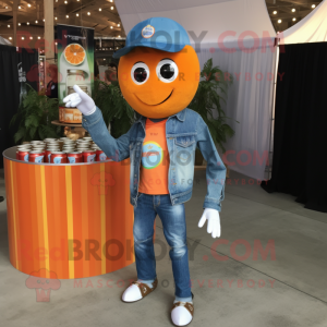 Orange Soda Can mascot costume character dressed with a Chambray Shirt and Necklaces