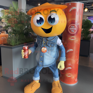 Orange Soda Can mascot costume character dressed with a Chambray Shirt and Necklaces