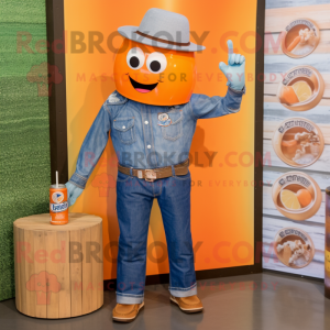 Orange Soda Can mascot costume character dressed with a Chambray Shirt and Necklaces