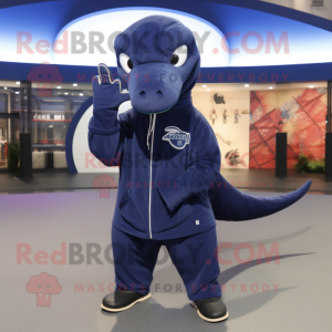 Navy Diplodocus mascot costume character dressed with a Hoodie and Beanies