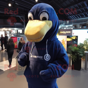 Navy Diplodocus mascot costume character dressed with a Hoodie and Beanies