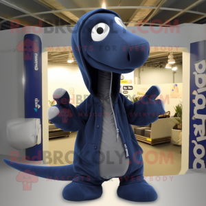 Navy Diplodocus mascot costume character dressed with a Hoodie and Beanies
