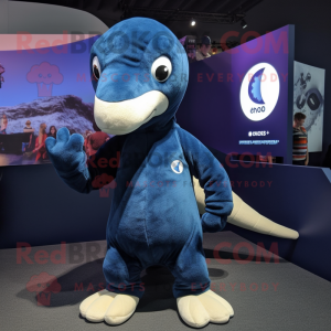 Navy Diplodocus mascot costume character dressed with a Hoodie and Beanies