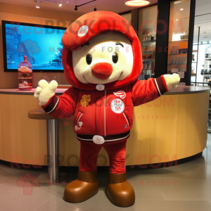 Red Croissant mascot costume character dressed with a Bomber Jacket and Keychains