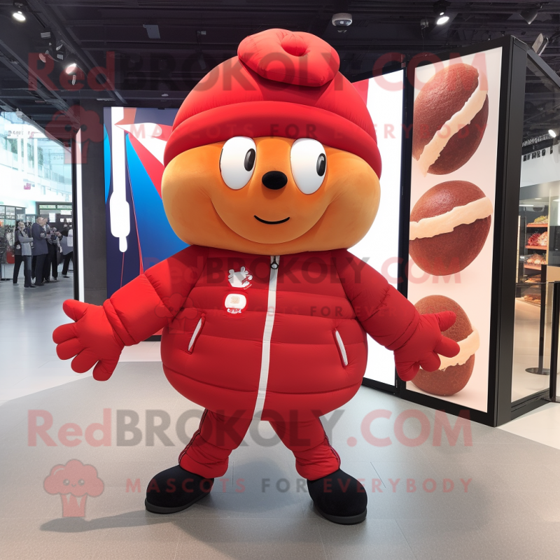 Red Croissant mascot costume character dressed with a Bomber Jacket and Keychains