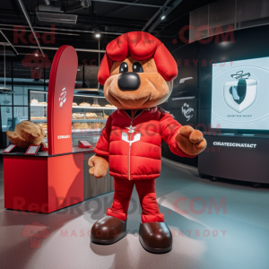 Red Croissant mascot costume character dressed with a Bomber Jacket and Keychains