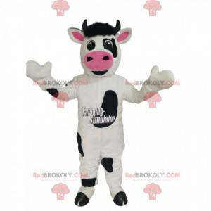 Maskot černé a bílé krávy s velkou růžovou tlamou -