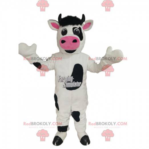 Mascote de vaca preto e branco com um grande focinho rosa -