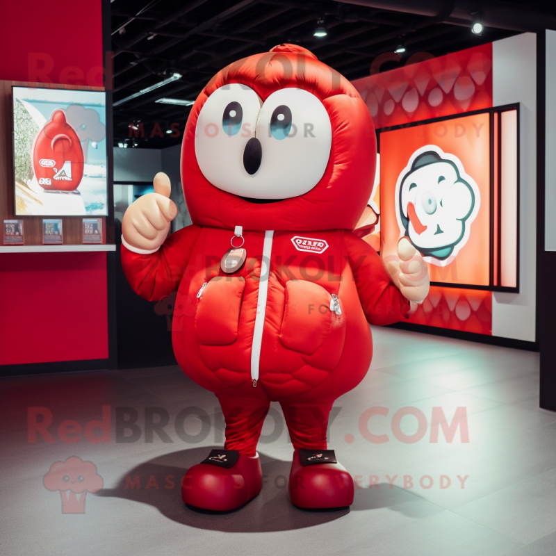 Red Croissant mascot costume character dressed with a Bomber Jacket and Keychains