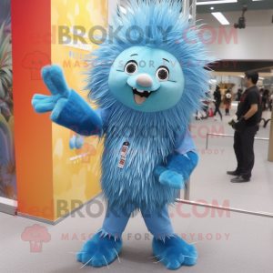 Cyan Porcupine mascot costume character dressed with a Flare Jeans and Hair clips