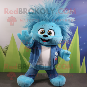 Cyan Porcupine mascot costume character dressed with a Flare Jeans and Hair clips